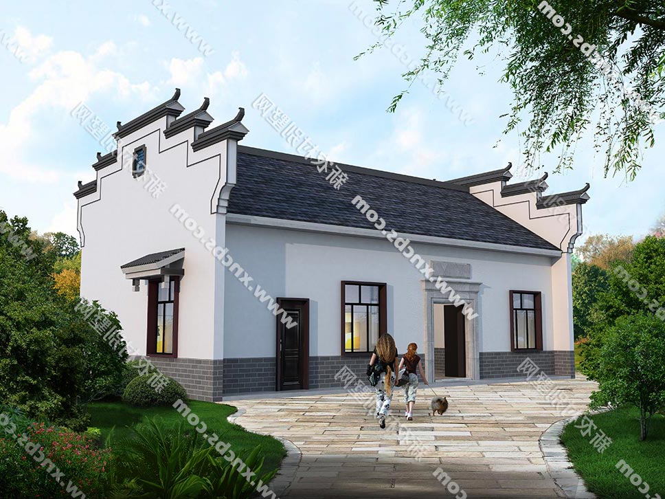 中式带院子门楼设计的一层微派房子效果图