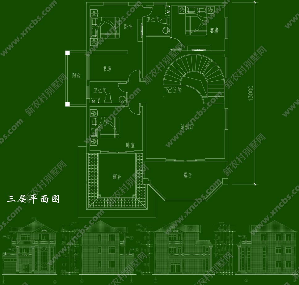 新款三层楼中楼带旋转楼梯,尖坡屋顶,砖混结构乡村自建别墅设计图