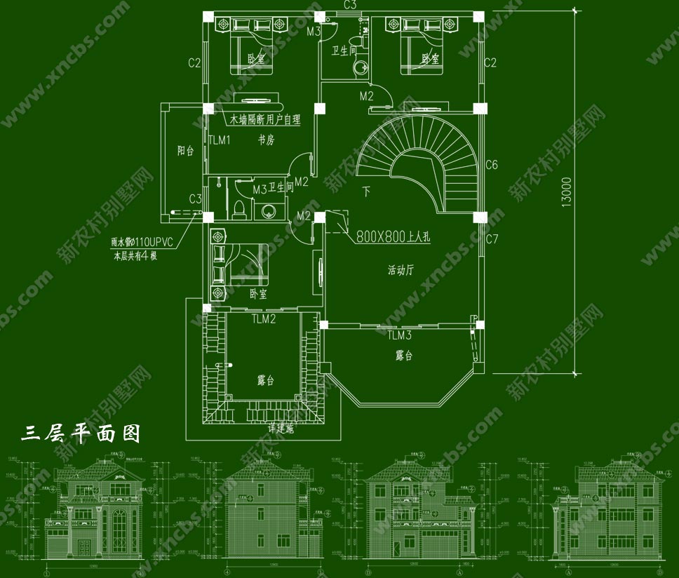 大方別緻三層複式樓中樓別墅房屋設計圖多陽臺頂層大露臺落地窗