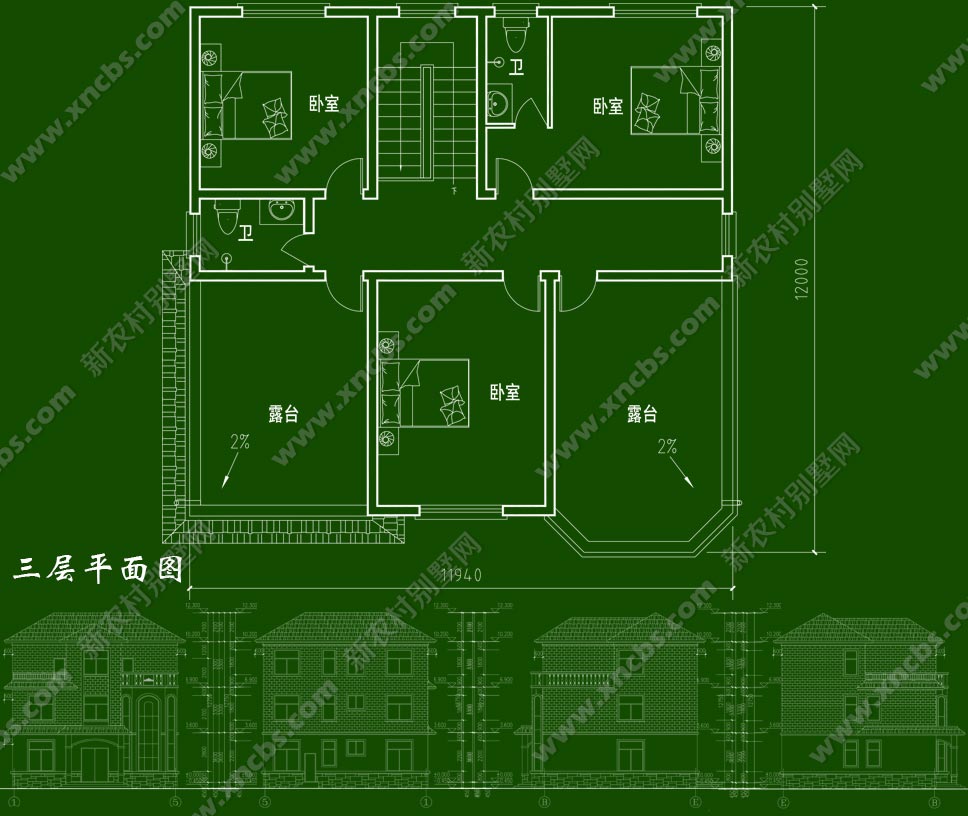 三层楼中楼双露台房屋设计图