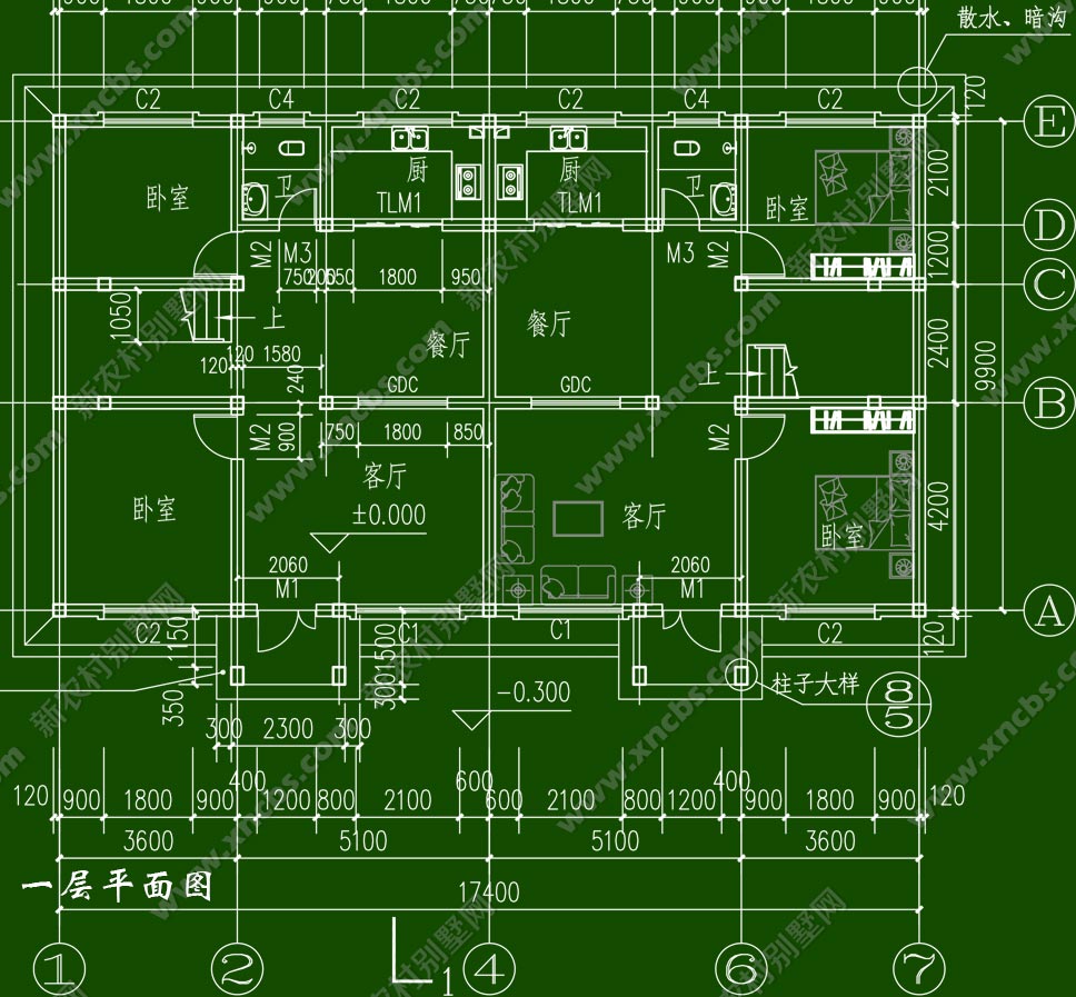 農村三層雙拼房屋設計圖帶建施水電圖